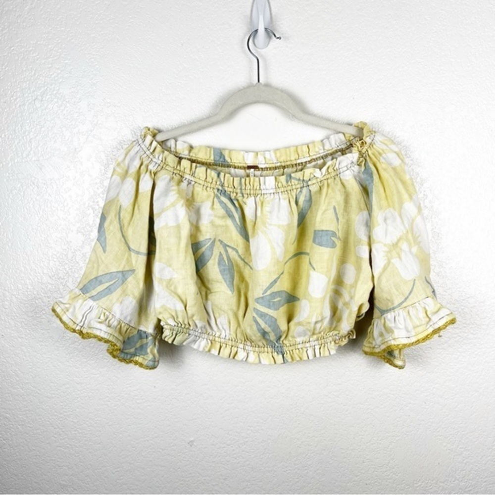 Free People Yellow Floral Off the Shoulder 100% Linen Flounce Crop Top Size 8